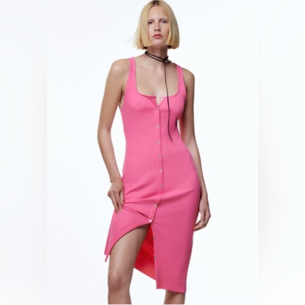 Zara Hot Pink Ribbed Button-Front Midi Dress
